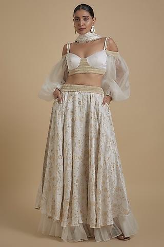 white pink brocade & organza layered lehenga set