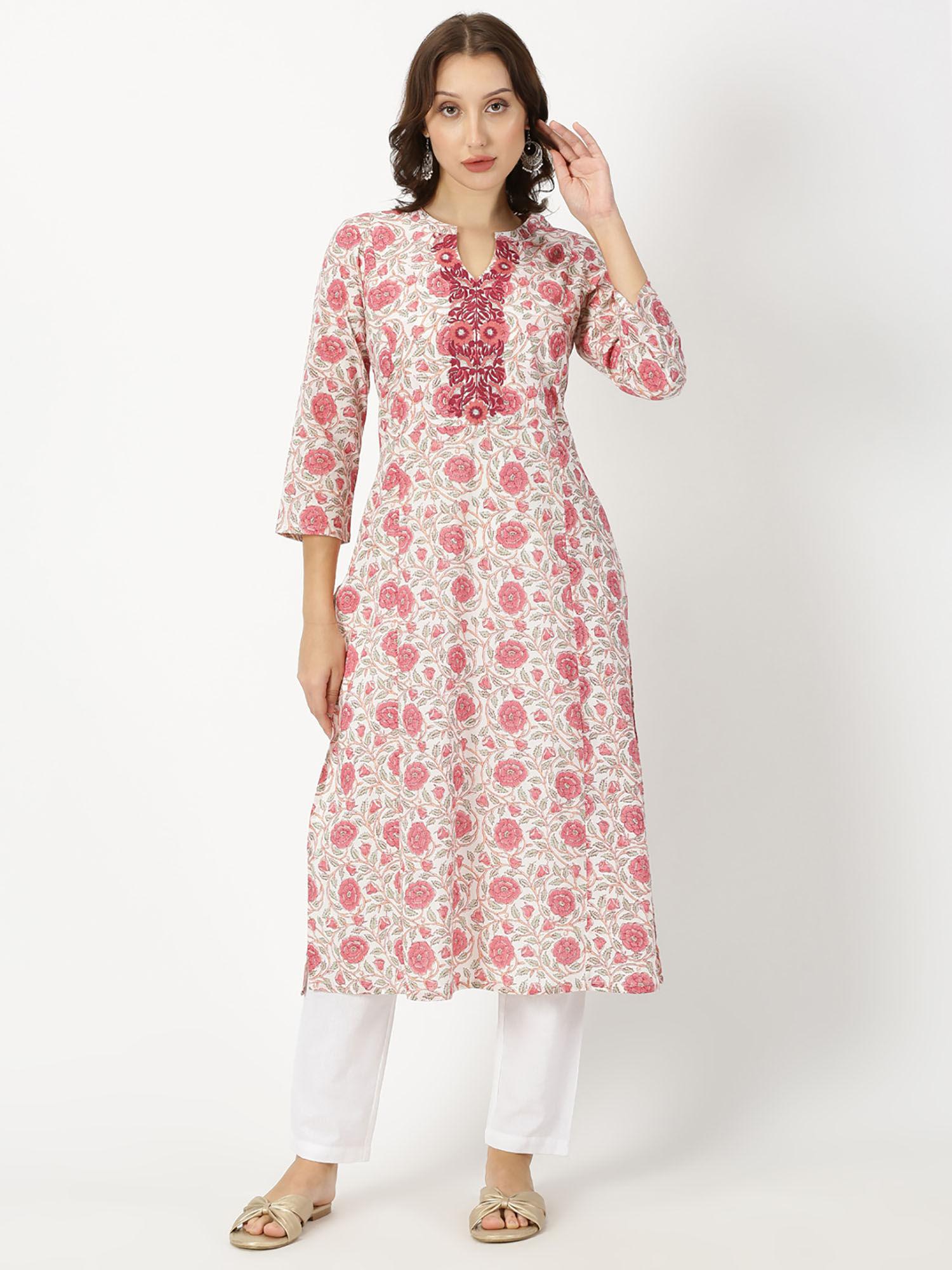 white-pink floral print kurta with neck embroidery