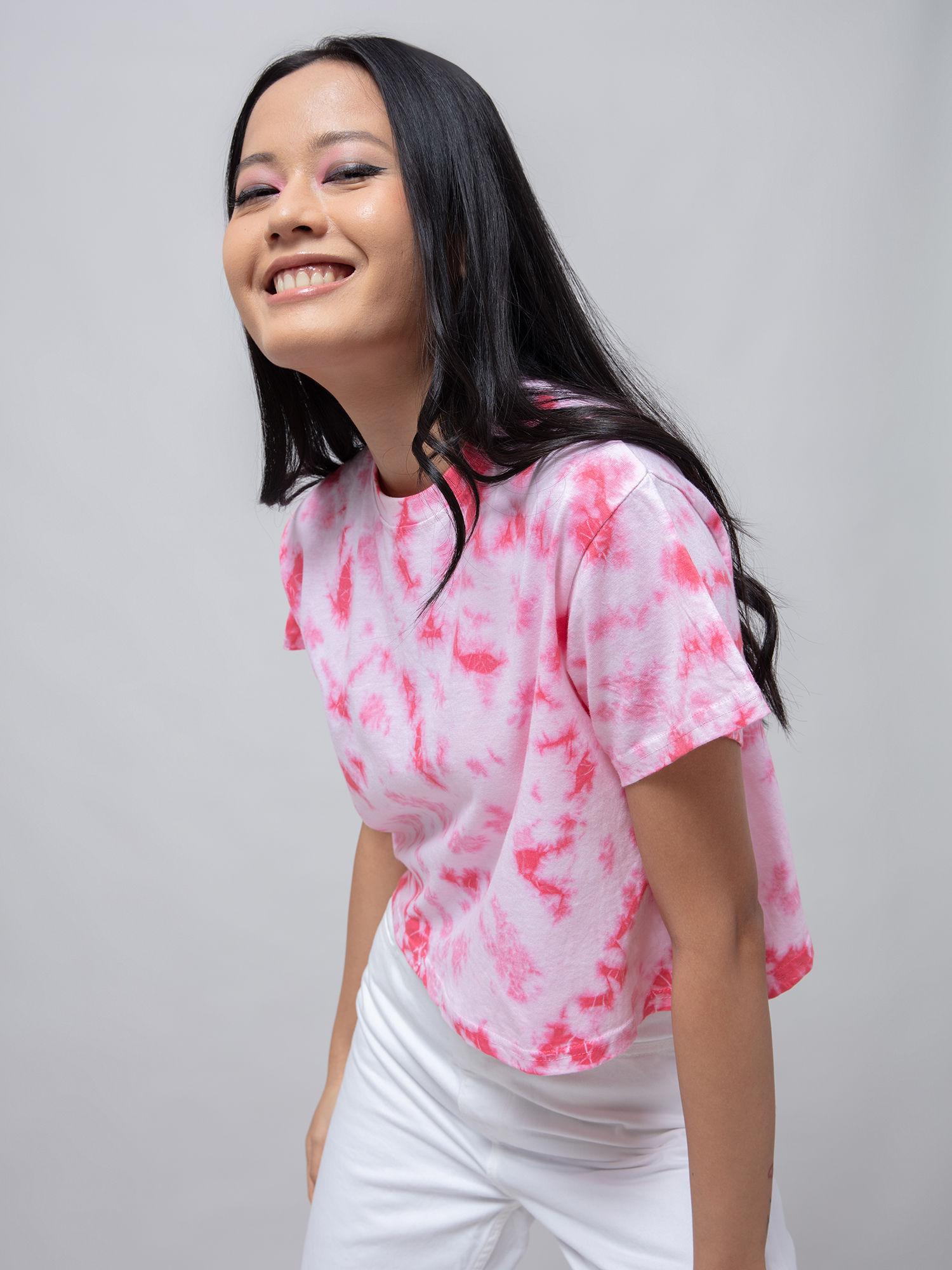 white pink tie and dye round neck crop t shirt