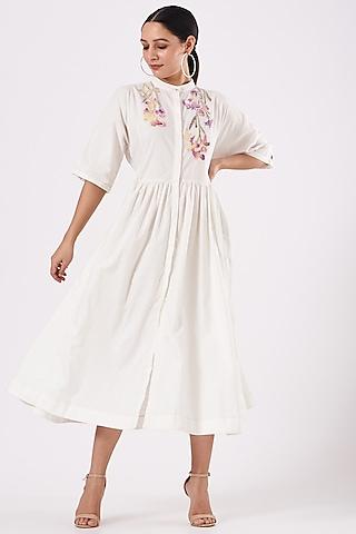 white pleated hand painted midi dress