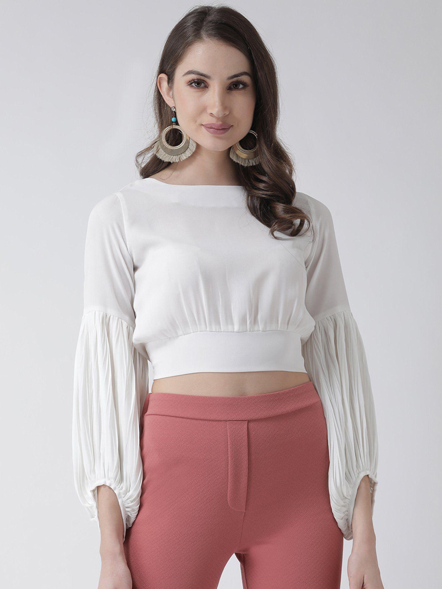 white pleated sleeves back tie up crop top