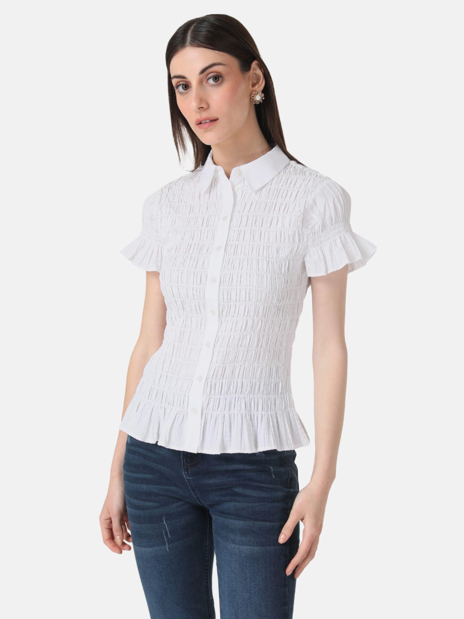 white pleated smocked shirt