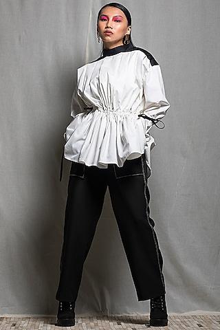 white pleated top with drawstrings