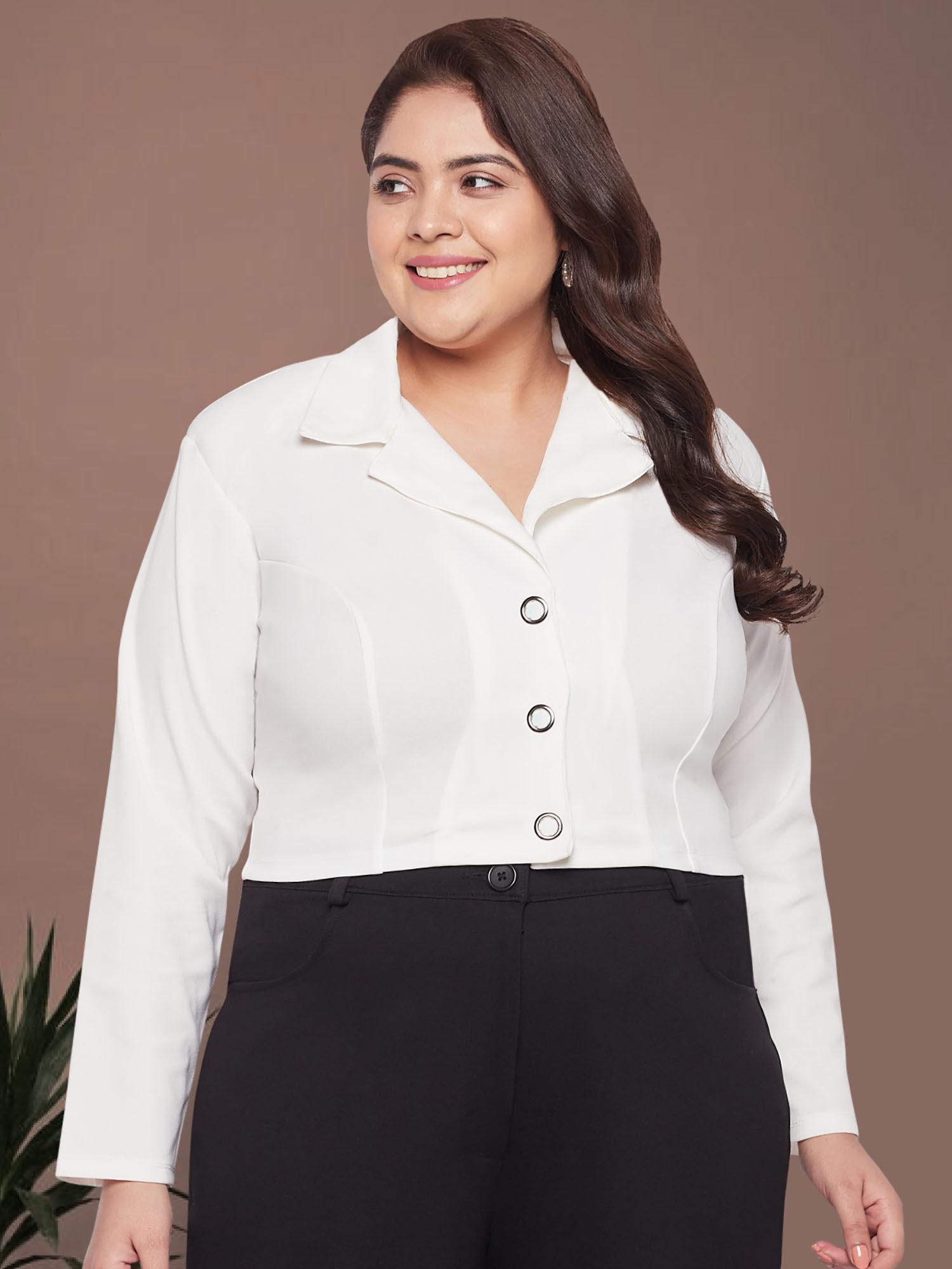 white plus size buttoned blazer crop top