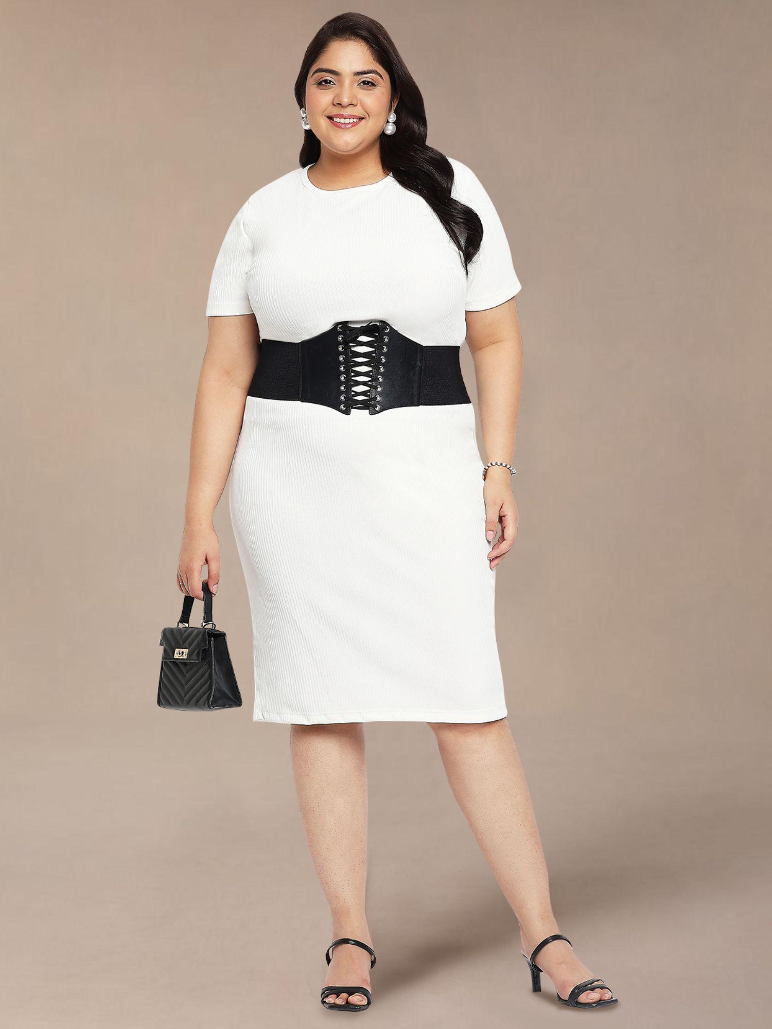 white plus size rib bodycon dress with belt