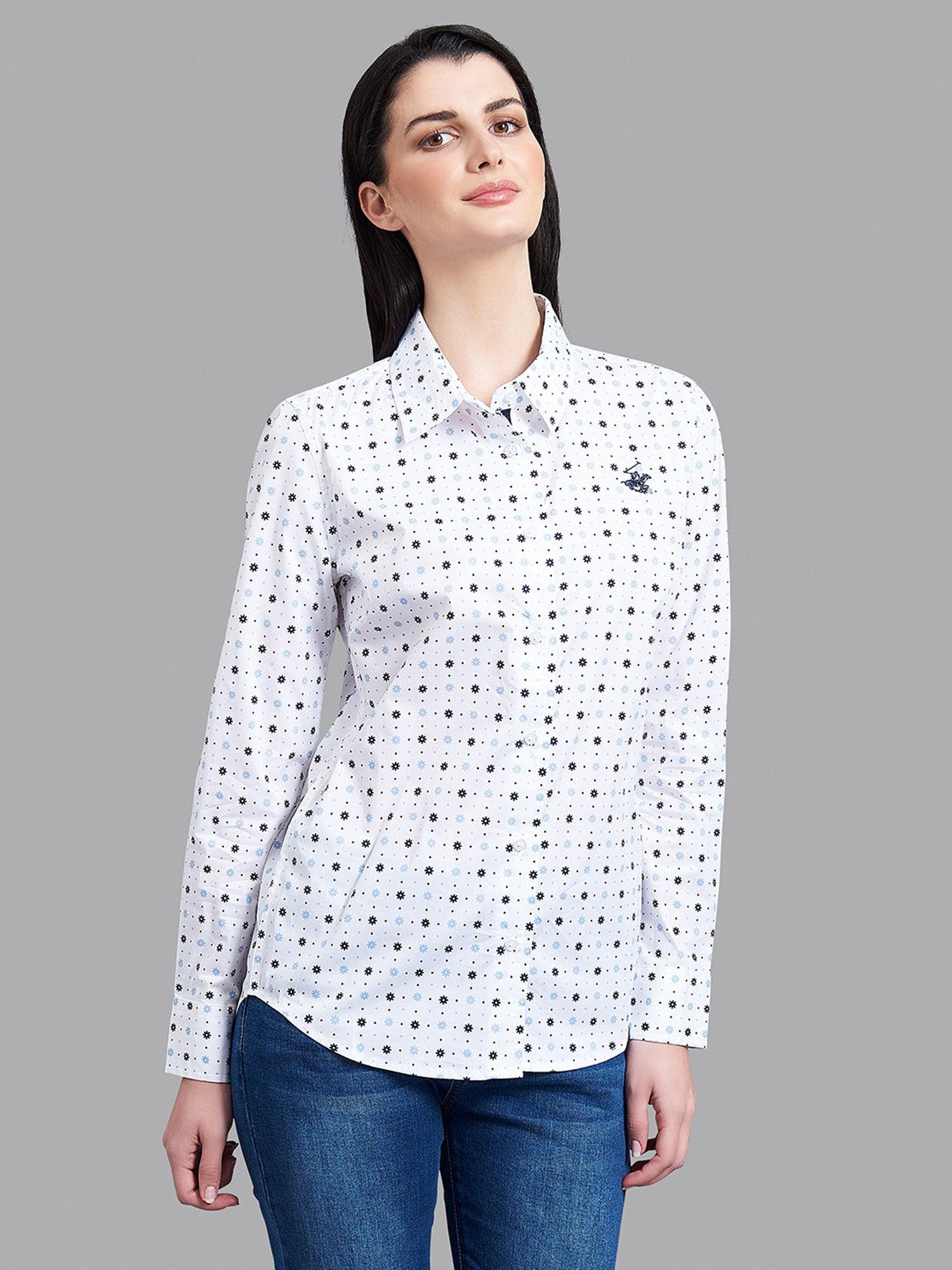 white polka daisy dot stretch poplin shirt