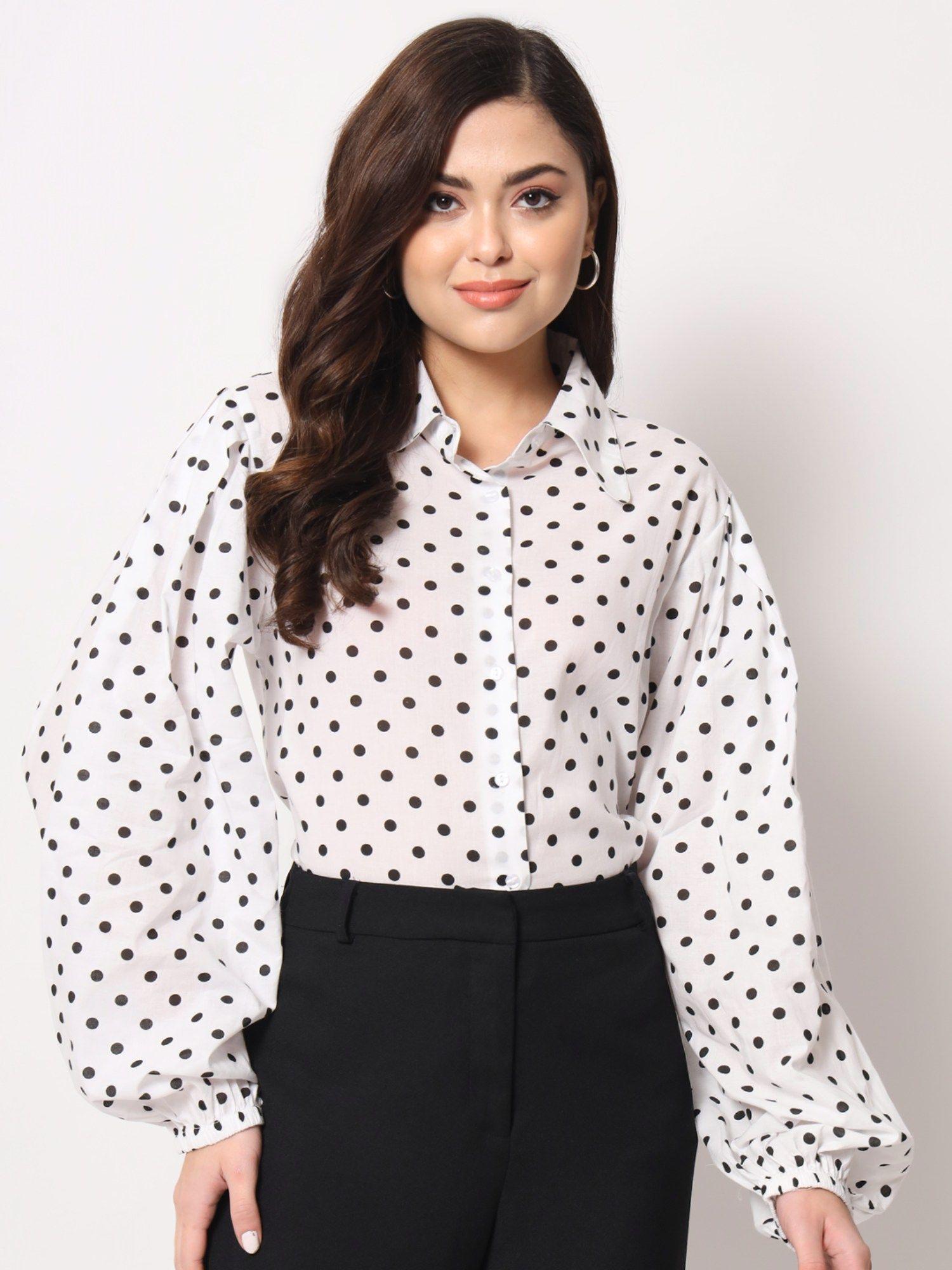 white polka dot balloon sleeve shirt