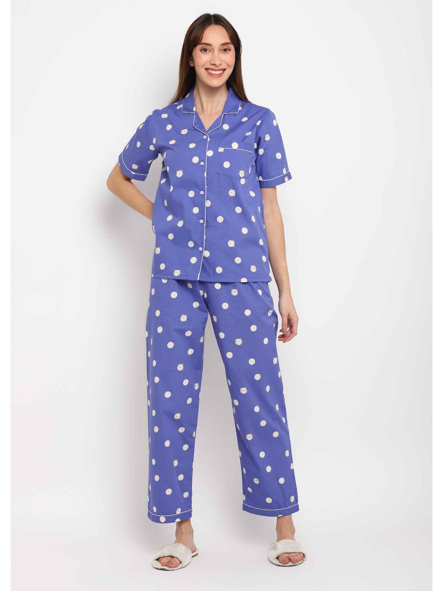 white polka dot print short sleeve womens night suit (set of 2)