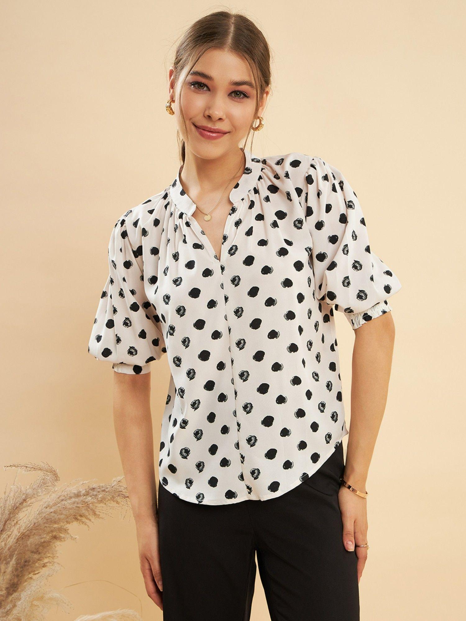 white polka dot printed mandarin collar puff sleeve crepe shirt style top