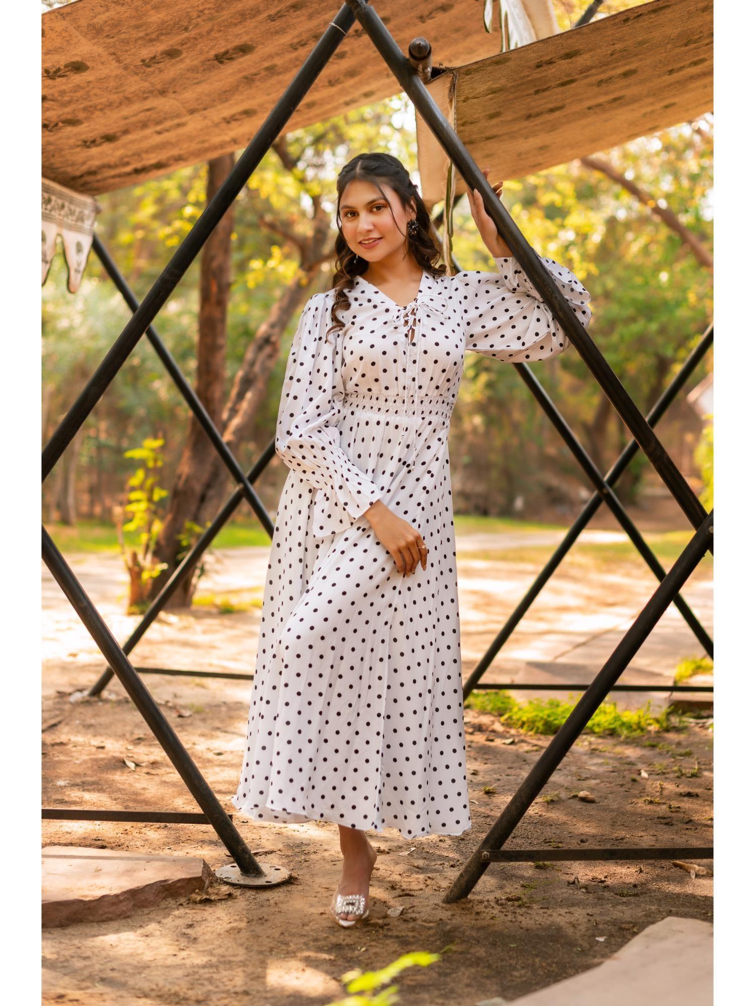 white polka dots dress