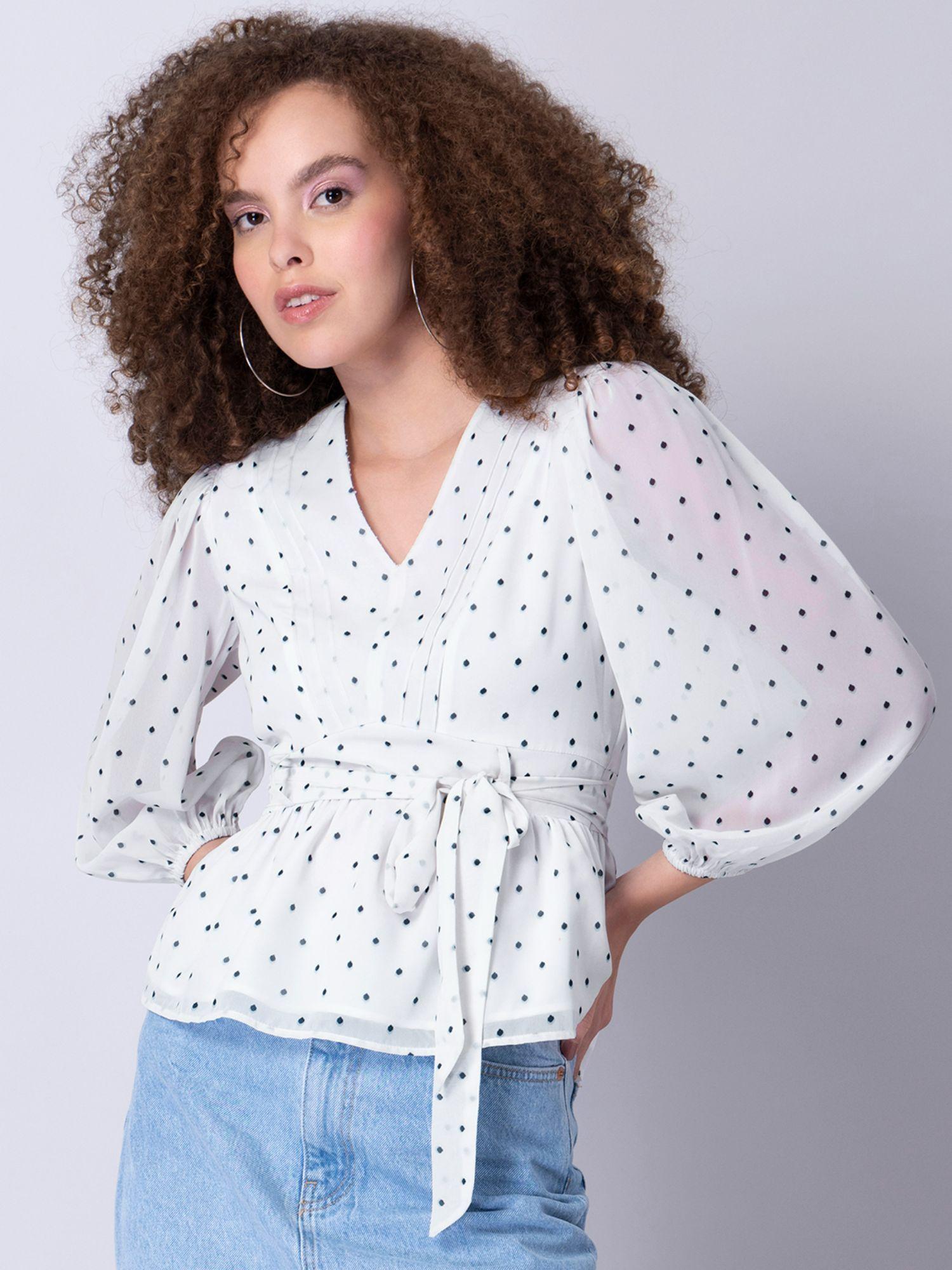 white polka pintuck front tie peplum top