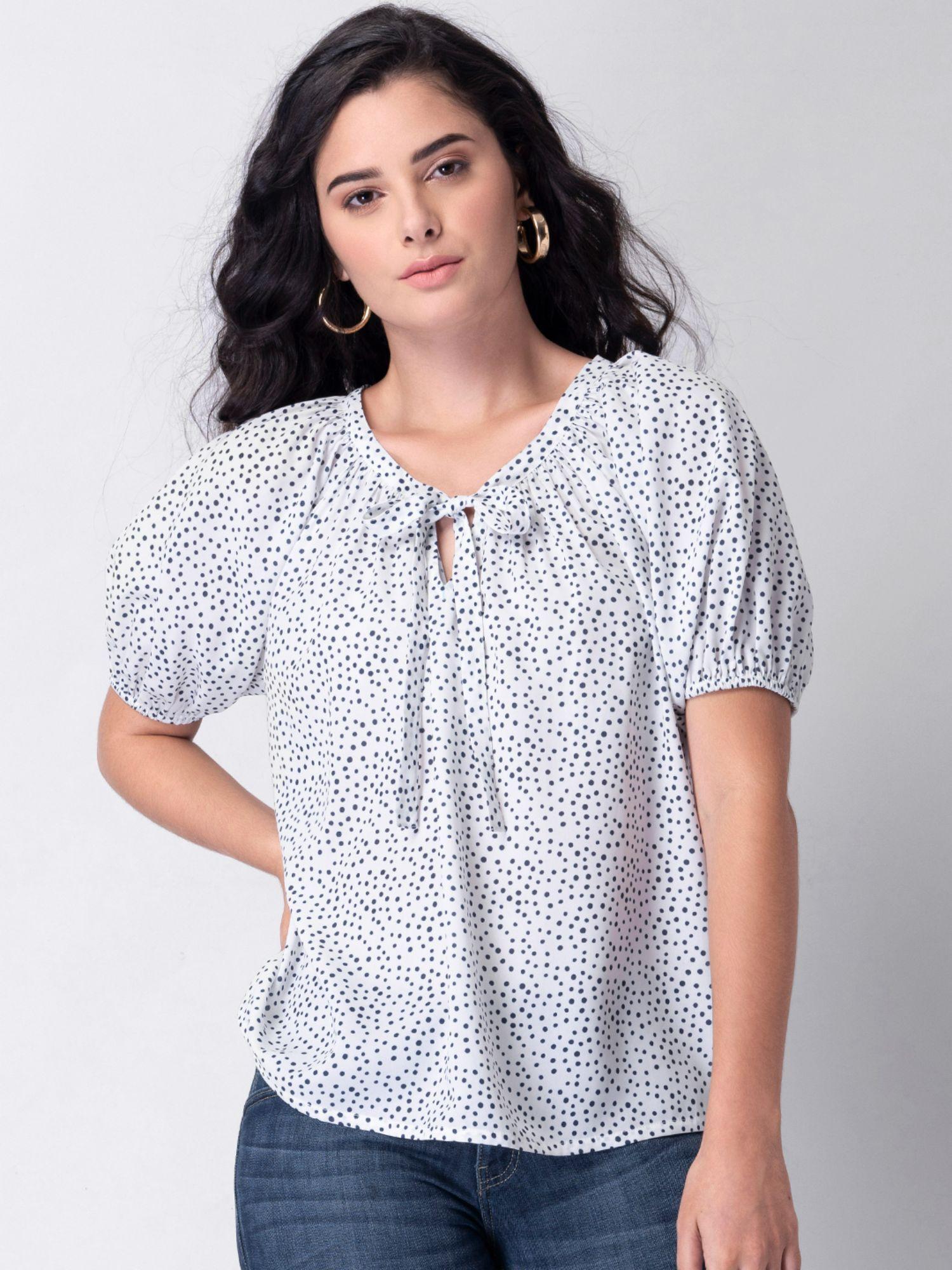 white polka puff sleeve blouse