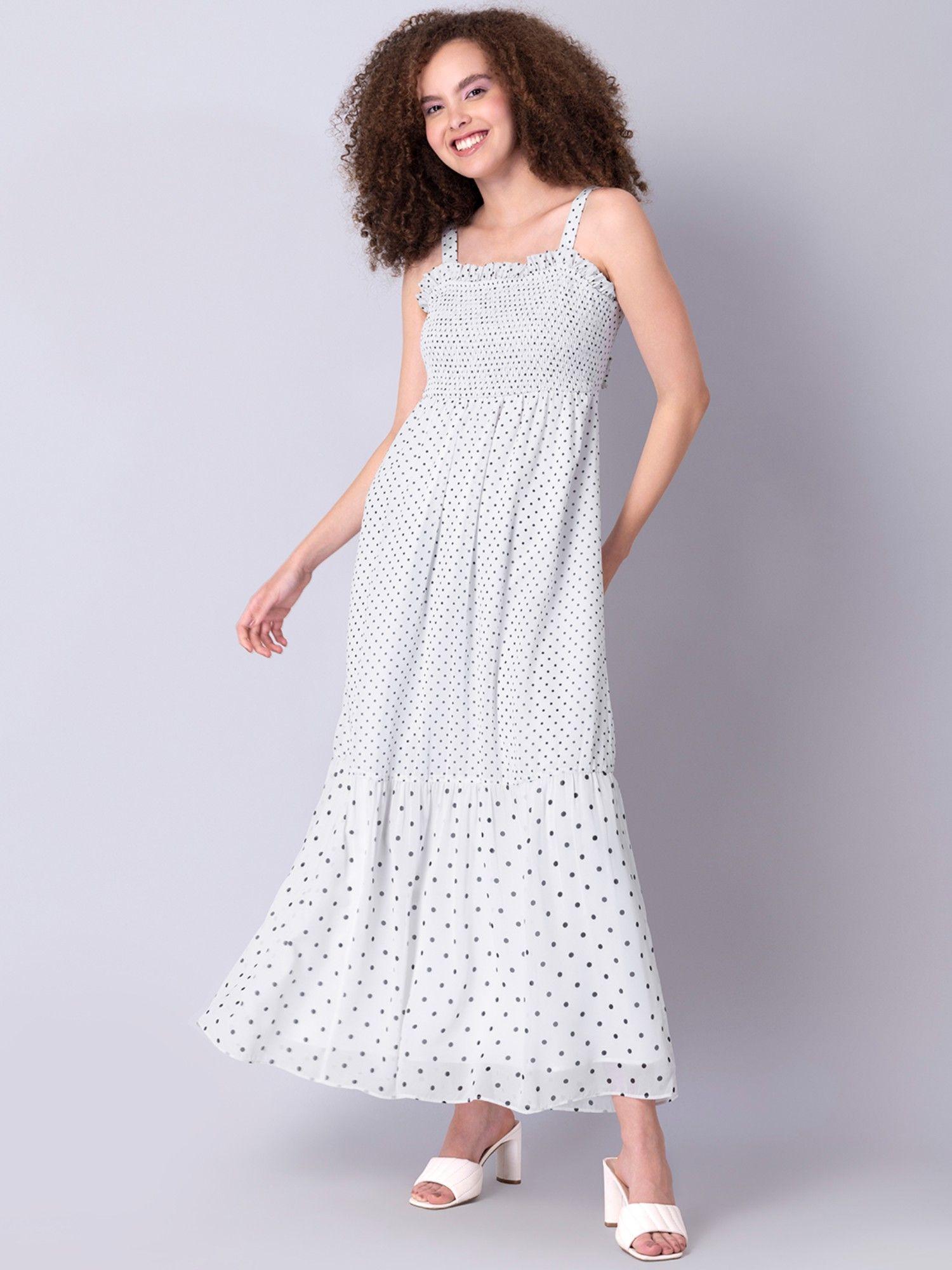 white polka strappy smocked back tie dress