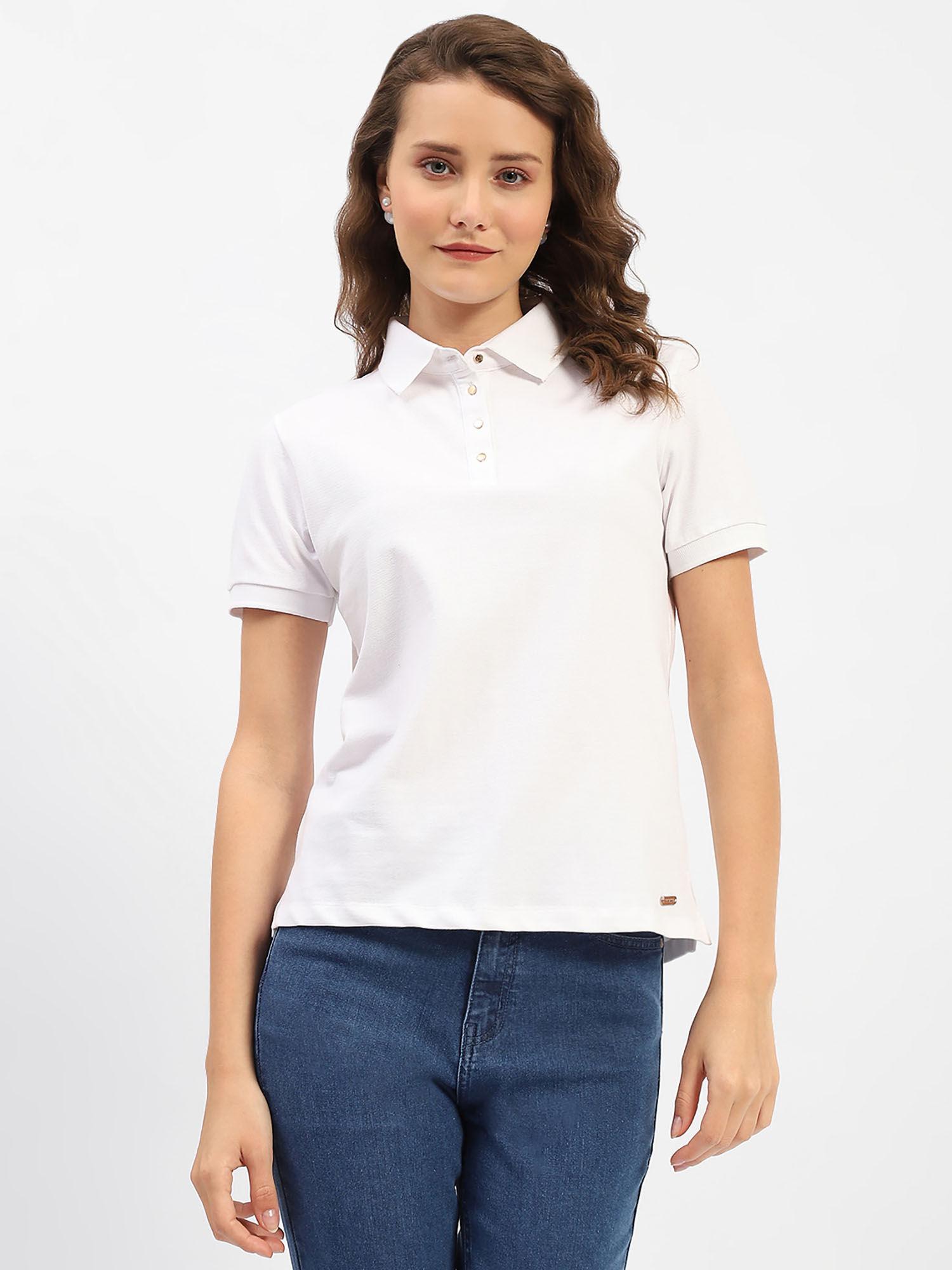 white polo neck solid cotton t-shirt