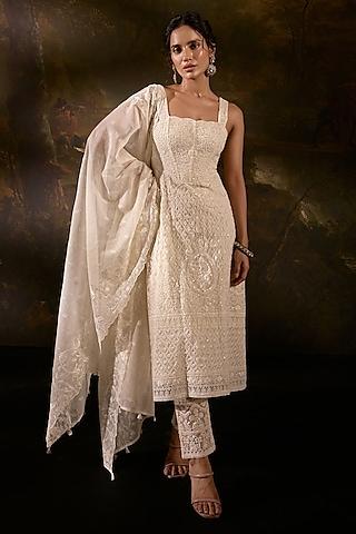 white poly organza embroidered anarkali set