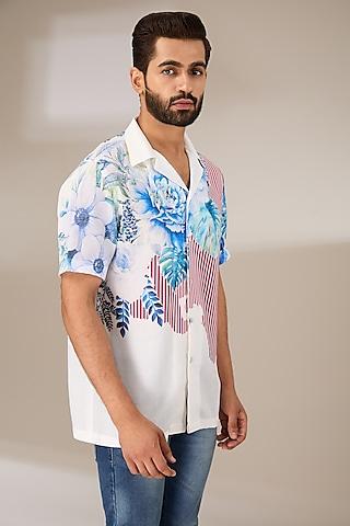 white poly satin digital printed pleated shirt