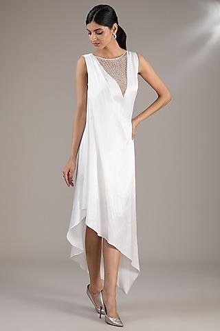 white poly satin embellished draped dress