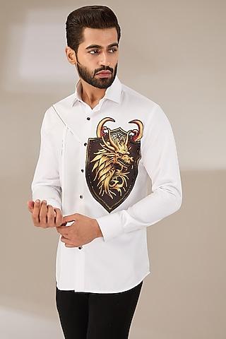 white poly viscose italian printed & handwork shirt