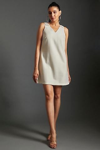 white polyester & lycra embroidered mini dress