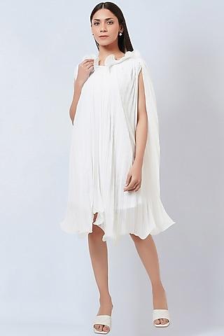 white polyester georgette pleated asymmetric dress