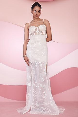 white polyester sequins hand embroidered slit corset gown