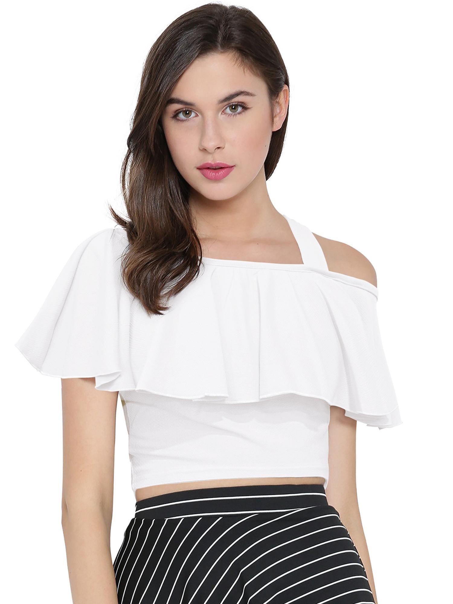 white polyester solid crop top for women