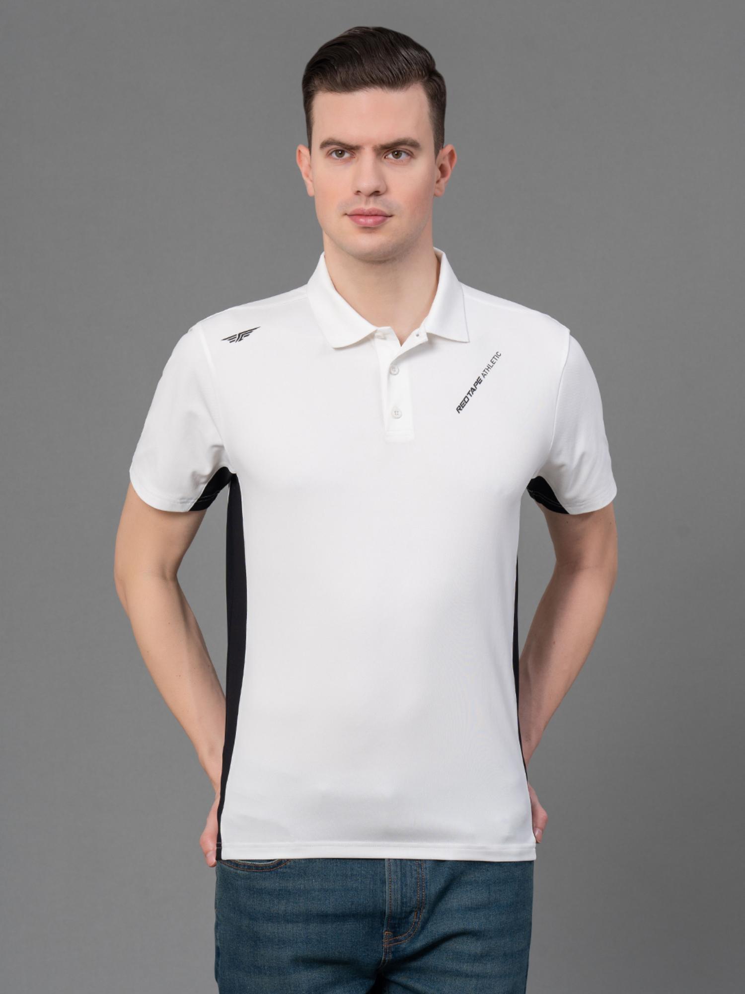 white polyester stretch color block mens activewear polo t-shirt