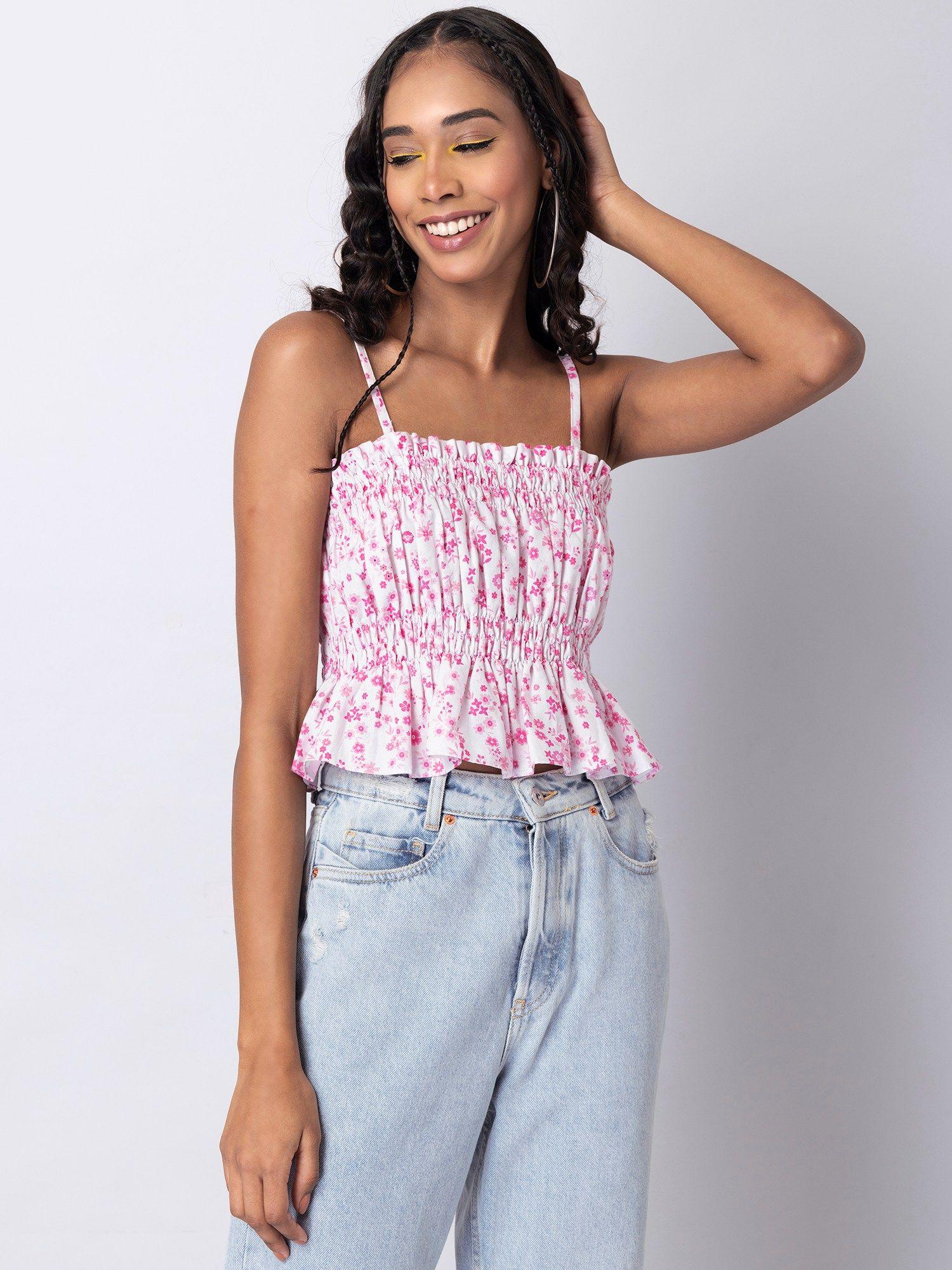 white poplin floral smocked crop top