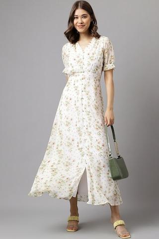 white print ankle-length party women classic fit dress
