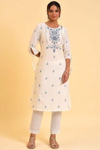 white print casual round neck 3/4th sleeves ankle-length women slim fit kurta pant set