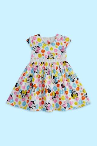 white print round neck casual knee length cap sleeves girls regular fit dress