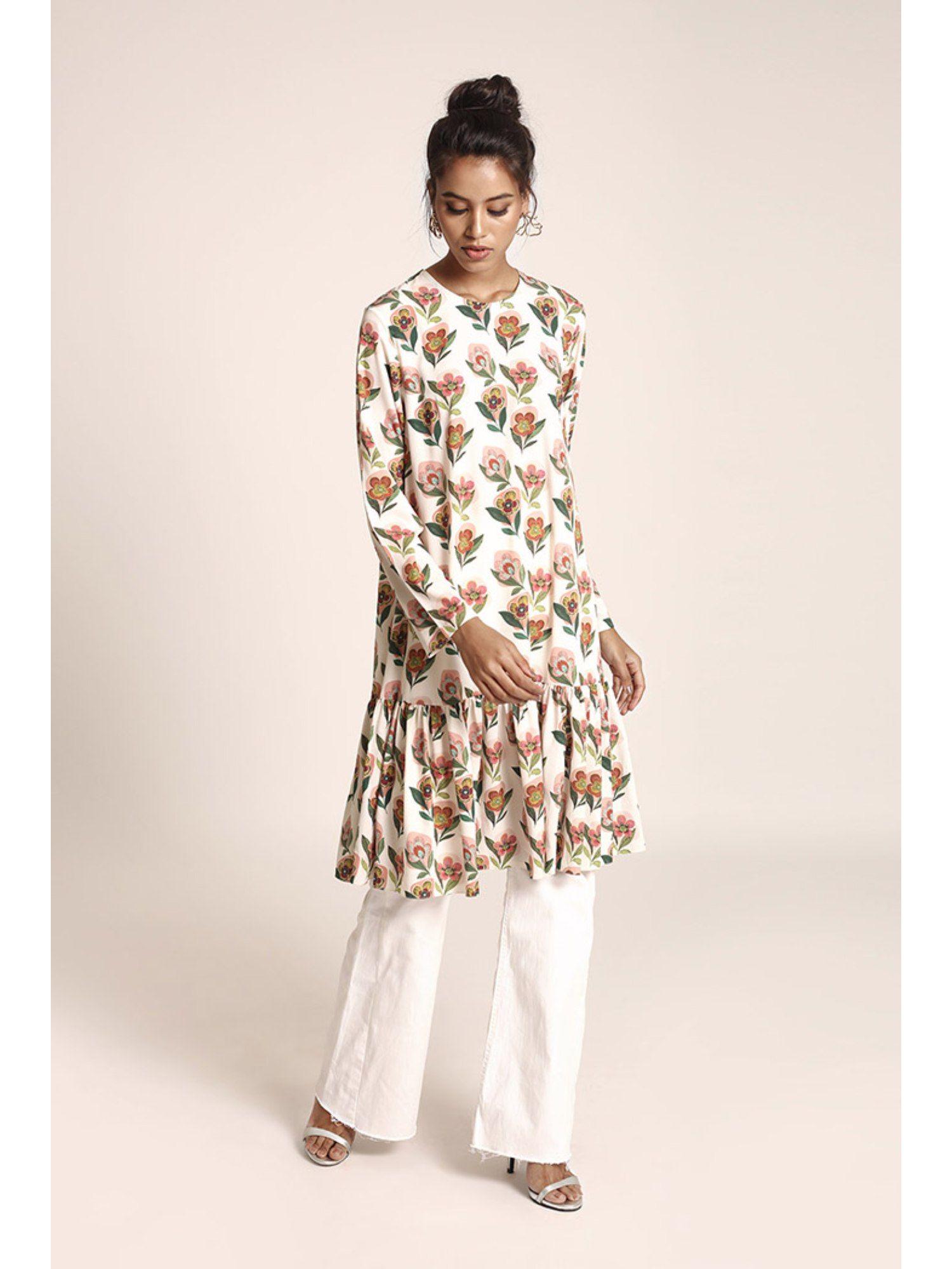 white printed art crepe kurta