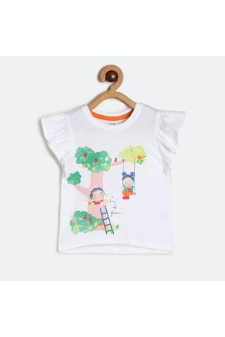 white printed casual cap sleeves round neck girls regular fit top