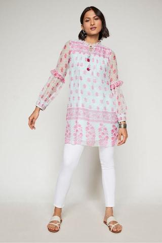 white printed casual full sleeves tie-up neck women comfort fit tunic