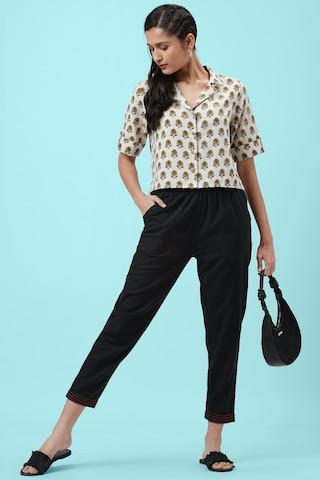white printed casual half sleeves notched collar women crop fit shirt
