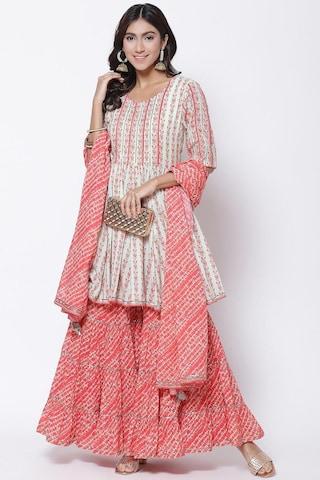 white printed casual round neck 3/4th sleeves ankle-length women flared fit kurta dupatta palazzo set