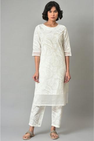 white printed casual round neck 3/4th sleeves calf-length women regular fit pant kurta set