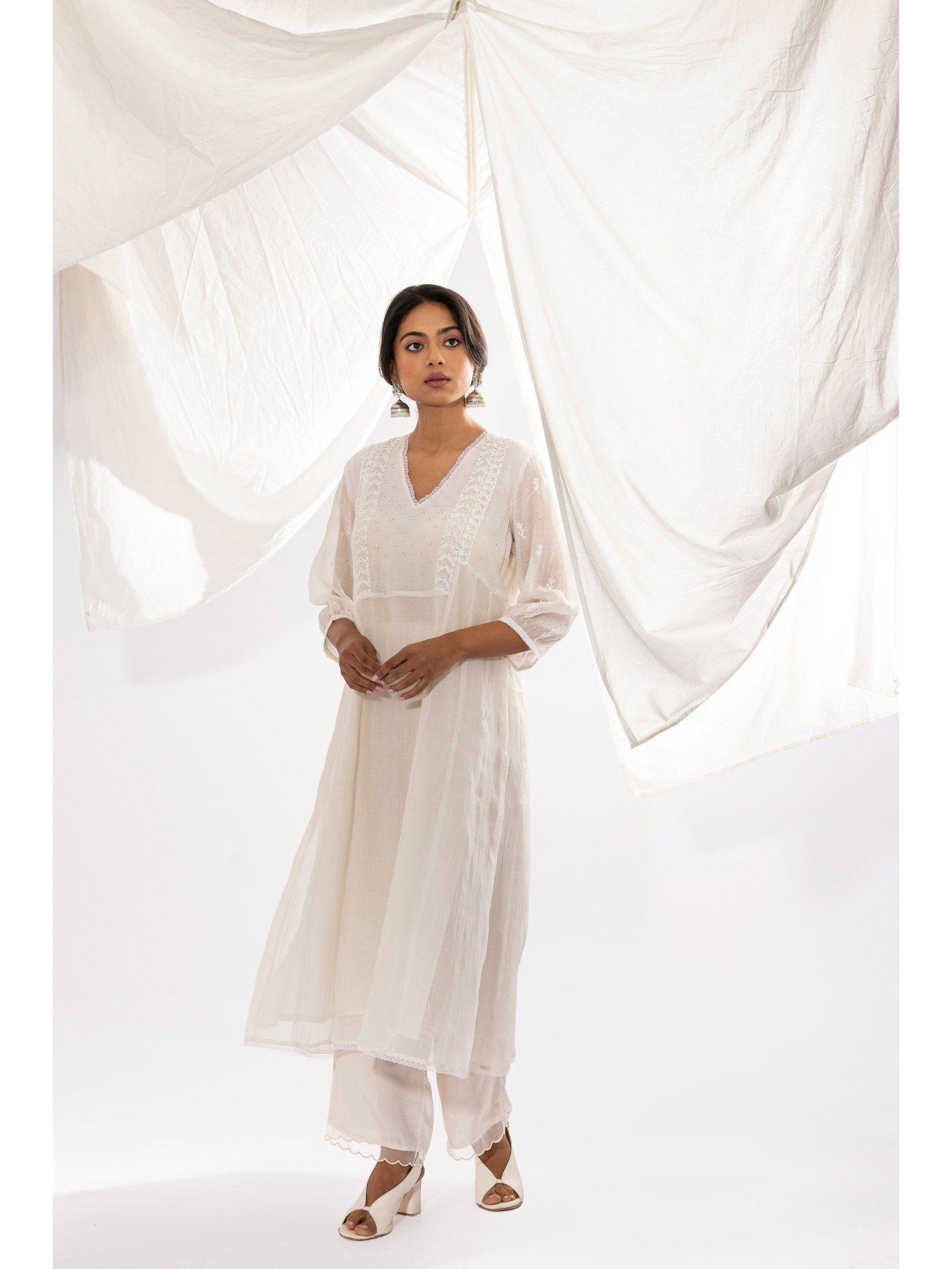 white printed chanderi mull kurta with pant (set of 2)