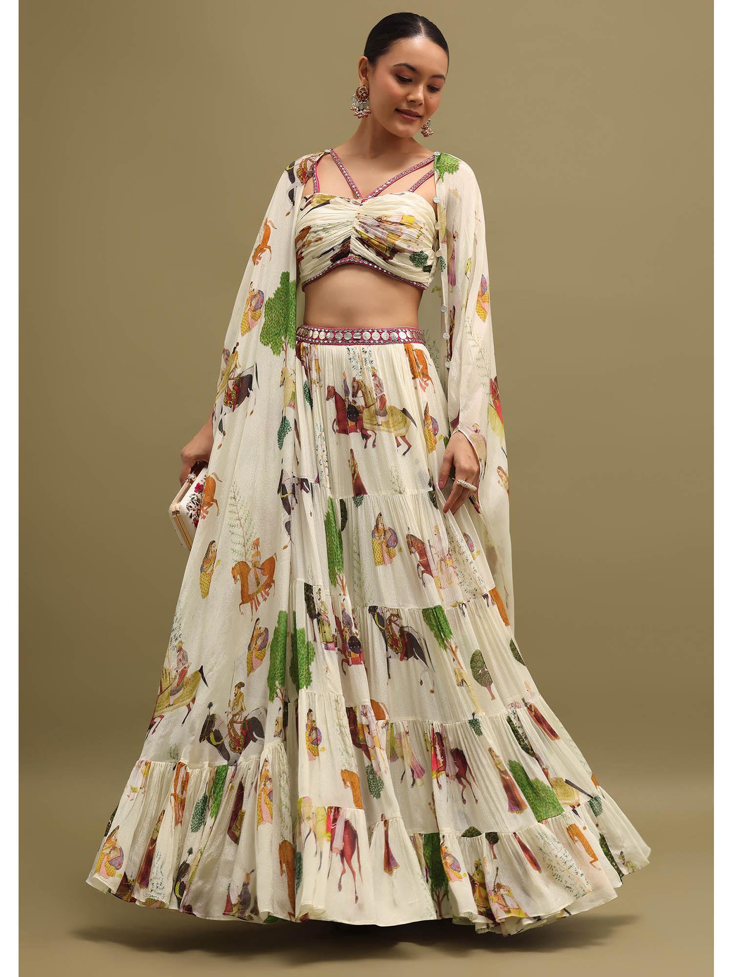 white printed chinon lehenga and choli with cape (set of 3)