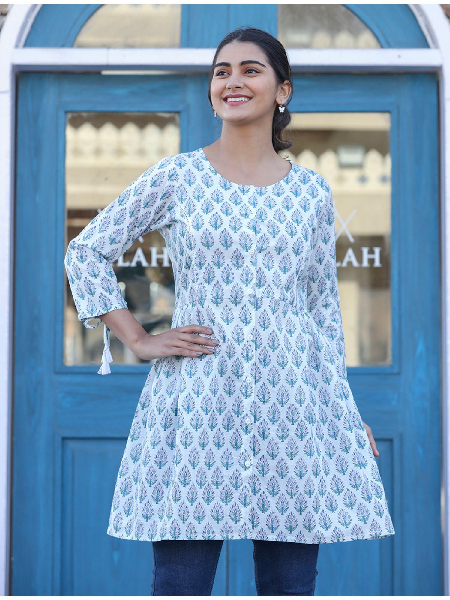 white printed cotton shirt style tunic top