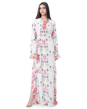 white printed crepe high-slit kaftan with belt