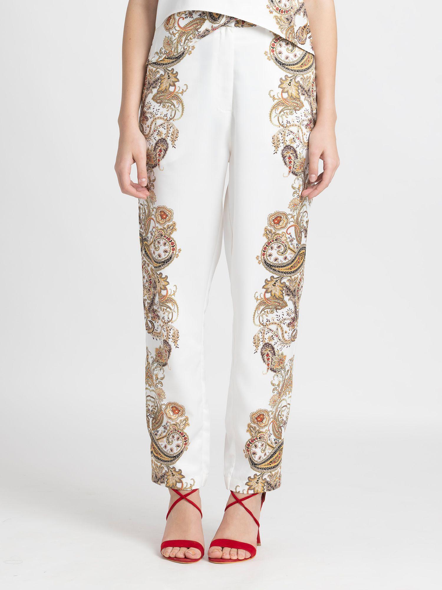 white printed flat front party pant for women