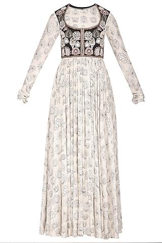 white printed gown with embroidered short jacket