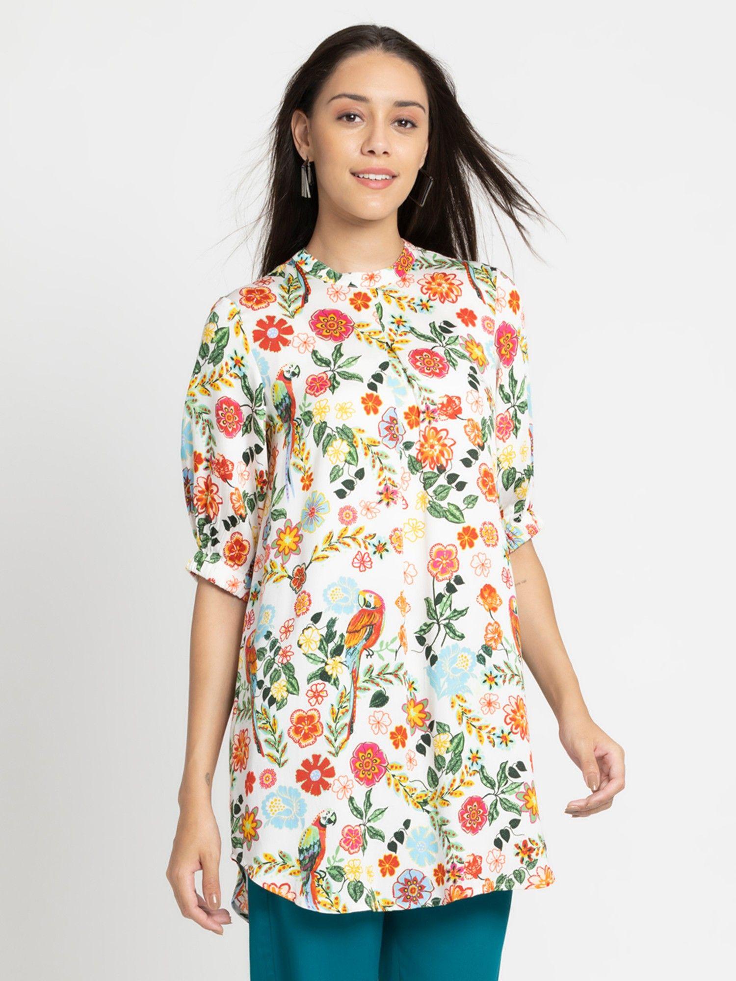 white printed half sleeves fusion tunic for women