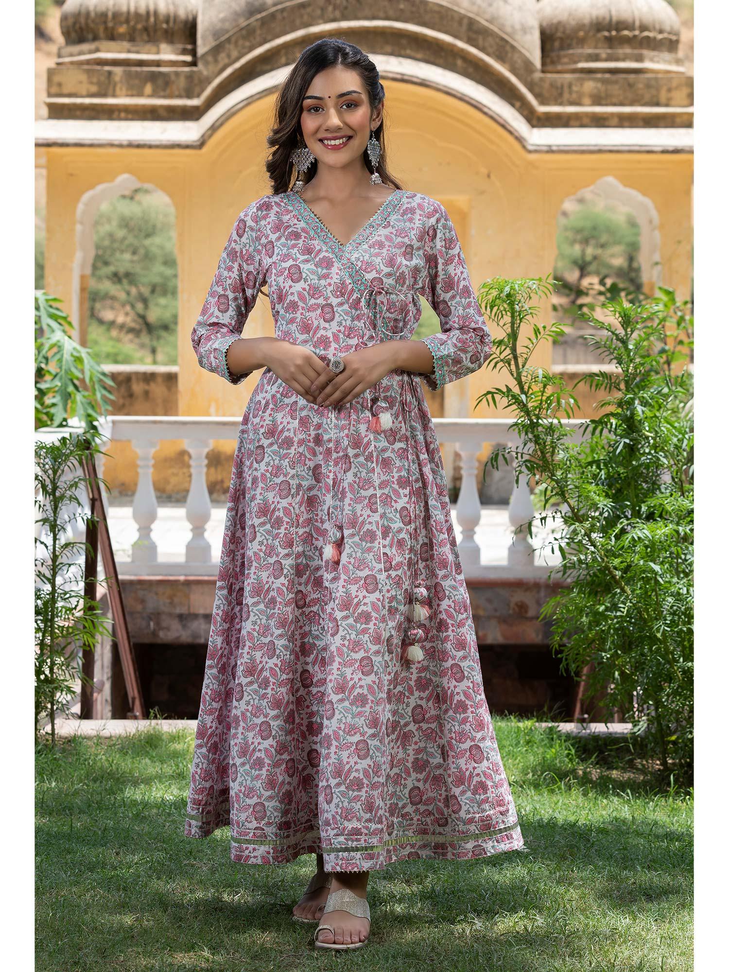 white printed handcrafted angrakha ethnic dress with gota embellished