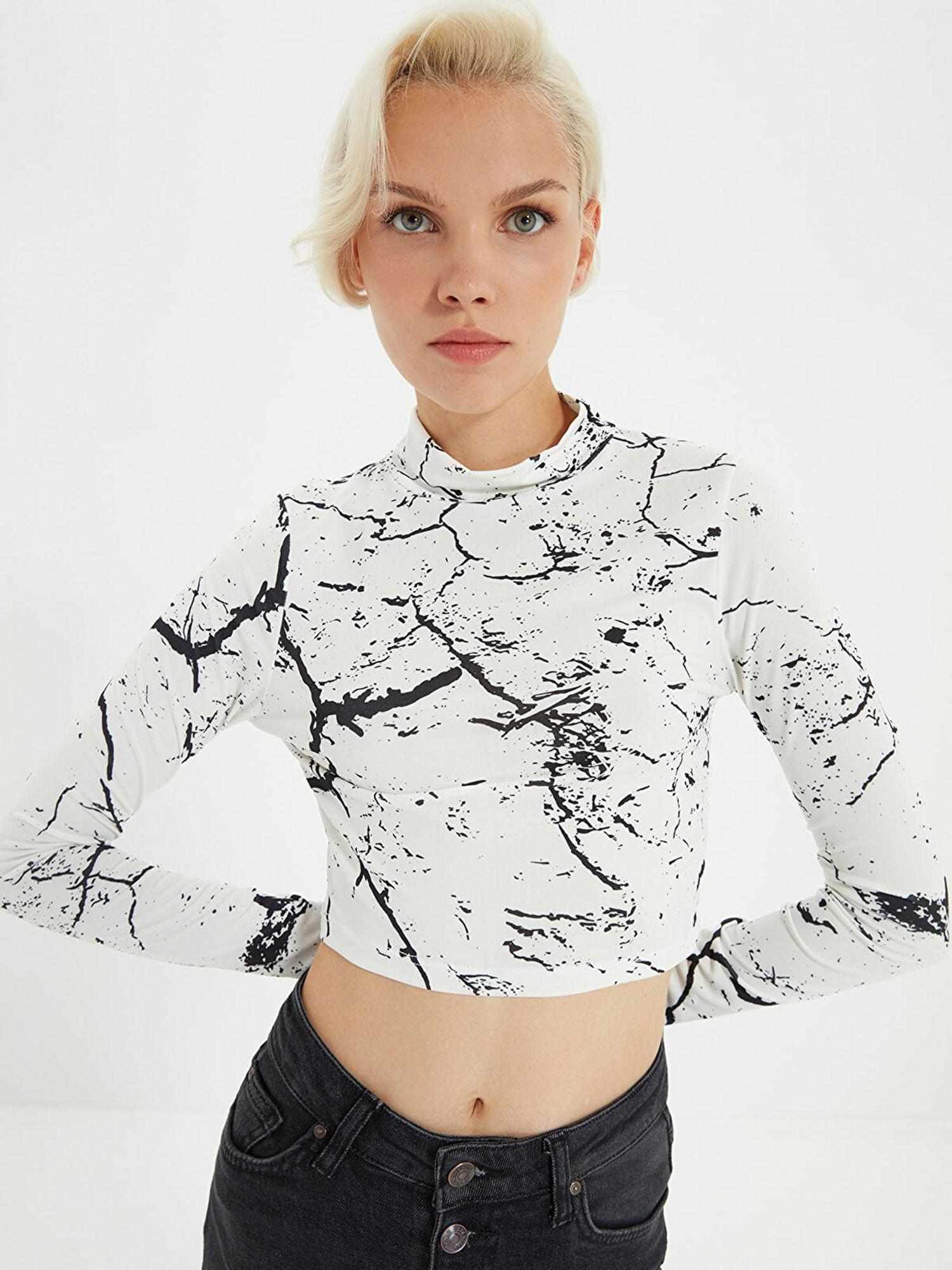 white printed high neck top