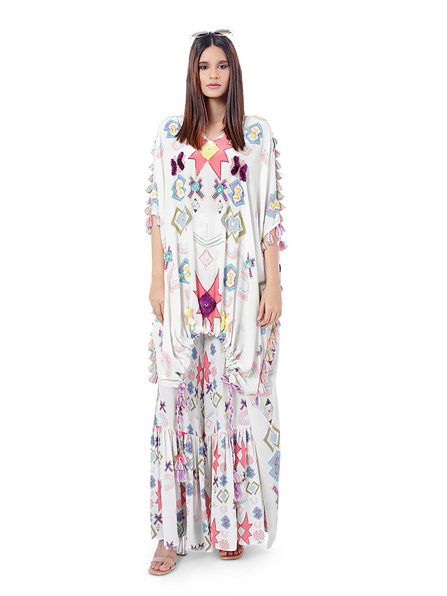 white printed kaftan with frill palazzo (set of 2)