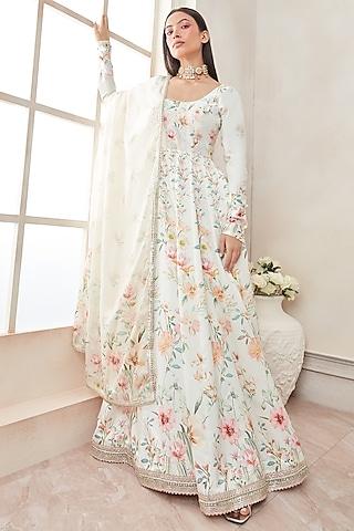 white printed kalidar anarkali set