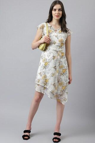 white printed key hole neck casual calf-length cap sleeves women classic fit dress