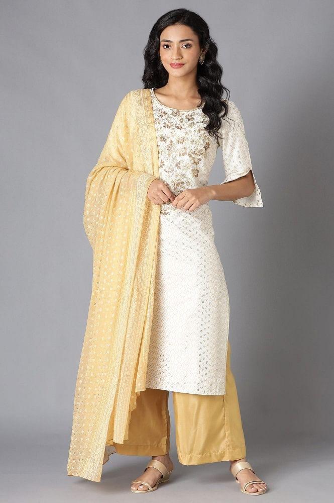 white printed kurta, palazzo and dupatta set